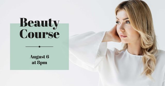 Beauty Course Ad with Attractive Woman in White Facebook ADデザインテンプレート