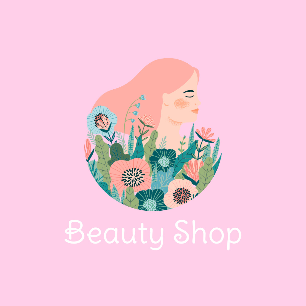 Beauty Shop Ad with Woman in Flowers Logoデザインテンプレート