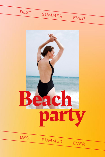 Summer Beach Party Announcement with Woman in Swimsuit Pinterestデザインテンプレート