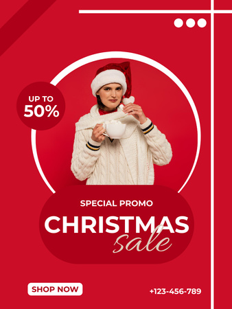 Woman on Christmas Fashion Sale Red Poster US Design Template