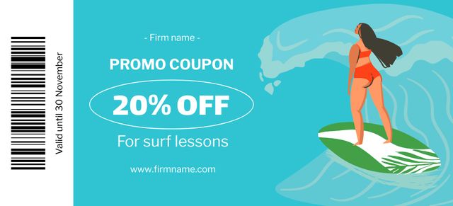 Surfing Lessons Offer with Illustration Coupon 3.75x8.25in Design Template