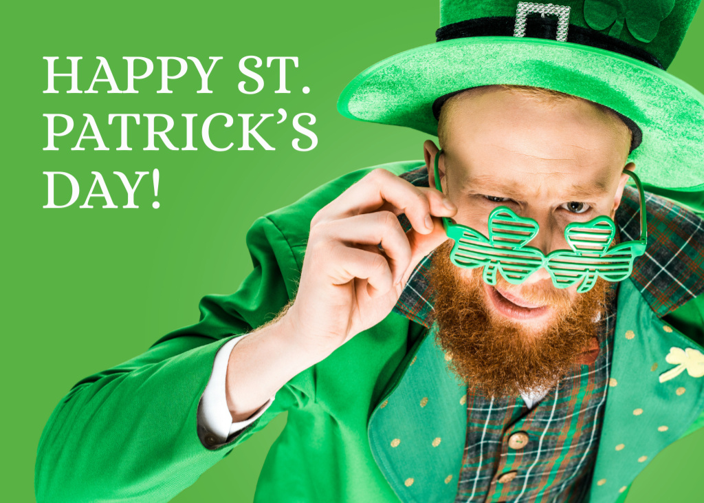 Platilla de diseño Happy St. Patrick's Day Greeting with Man in Clover Glasses Postcard 5x7in