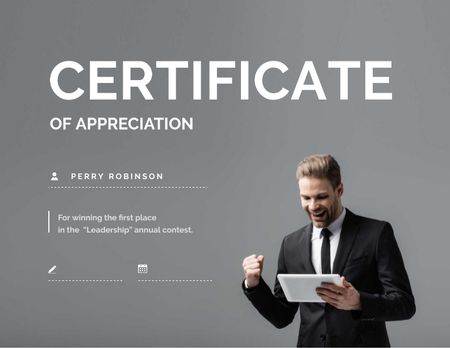 Business Achievement Award with happy businessman Certificate Design Template