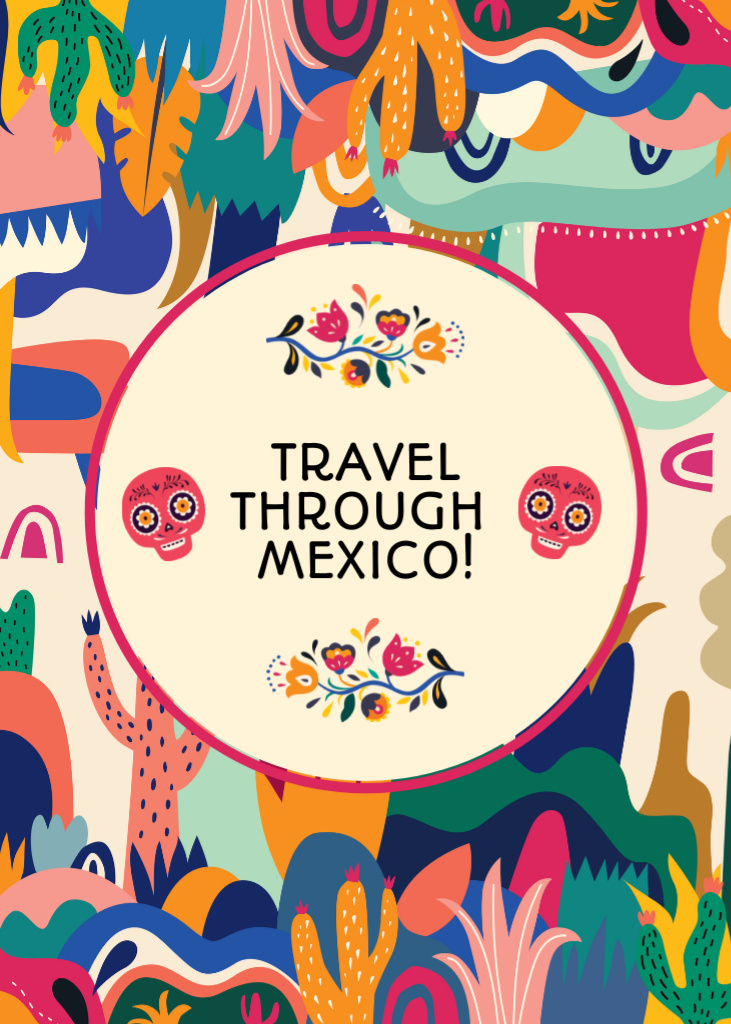 Designvorlage Mexican Tour Offer With Folk Illustration für Postcard 5x7in Vertical