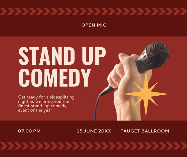 Comedy Show Announcement with Microphone in Hand on Red Facebookデザインテンプレート