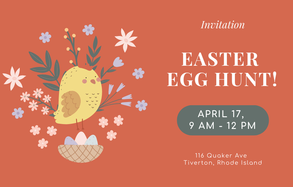 Plantilla de diseño de Easter Egg Hunt Ad with Chicken on Red Invitation 4.6x7.2in Horizontal 