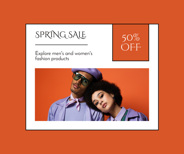 Spring Sale Announcement with Stylish African American Couple Facebook Modelo de Design