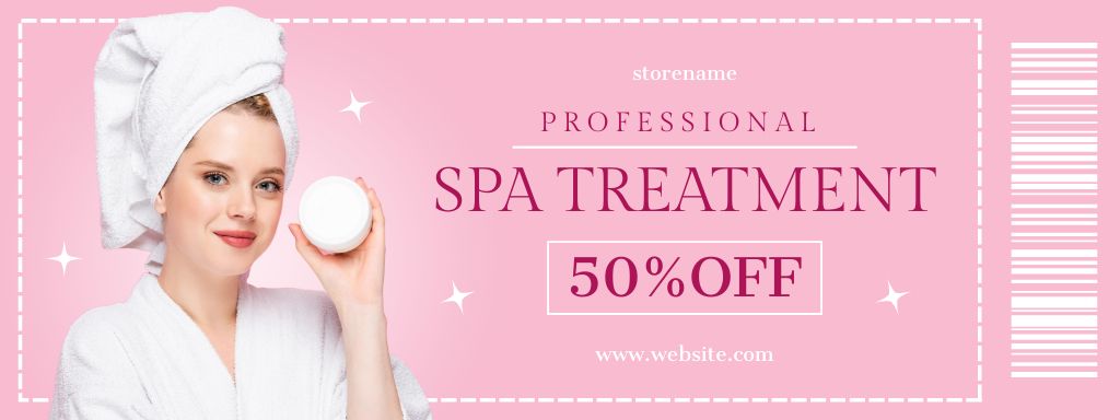 Spa Treatment Promo with Young Woman Holding Jar of Body Cream Coupon Modelo de Design