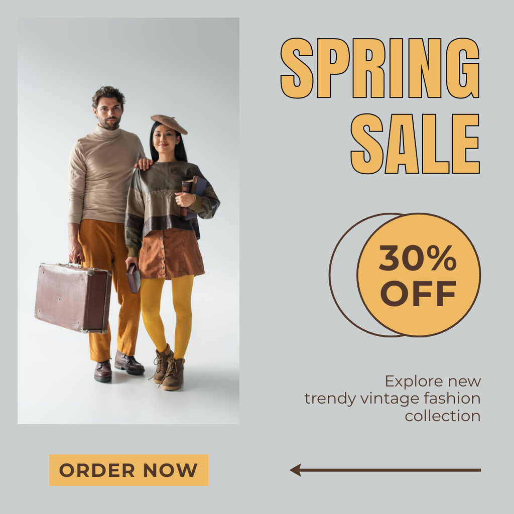 Fashion Spring Sale with Stylish Couple in Brown Instagram AD tervezősablon