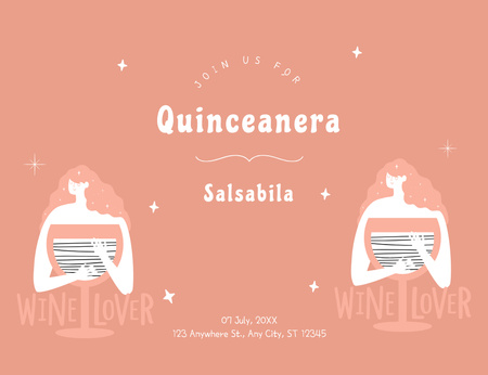 Quinceañera Celebration With Wine And Glass Invitation 13.9x10.7cm Horizontal Design Template