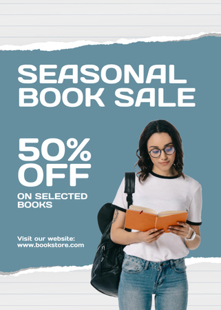 Student on Seasonal Book Sale Ad Flayer Design Template