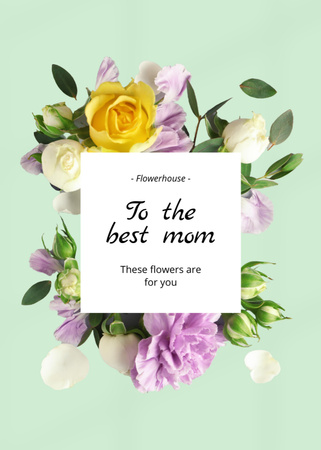 Mother's Day Holiday Greeting with Beautiful Flowers on Green Postcard 5x7in Vertical Design Template