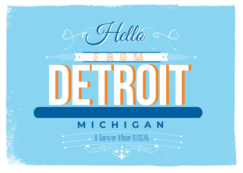 Stylish Hello From Detroit With Ornament In Blue Postcard 5x7in – шаблон для дизайна