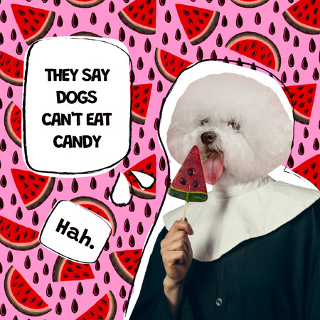 Ontwerpsjabloon van Instagram van Funny Joke with Dog eating Candy