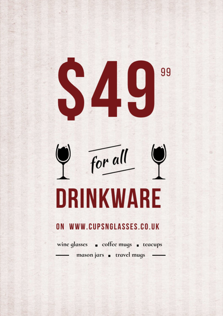Drinkware Sale with Red Wine in Wineglass Flyer A7 Design Template