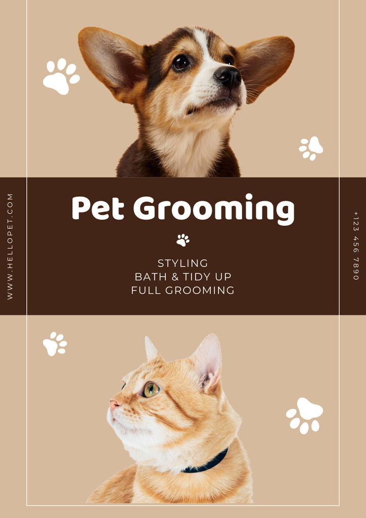 Cats and Dogs Grooming Offer on Beige Poster Design Template