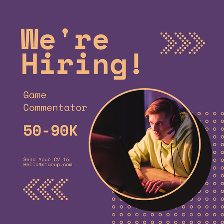 Game Commentator Vacancy Ad with Man at Computer Instagram Design Template