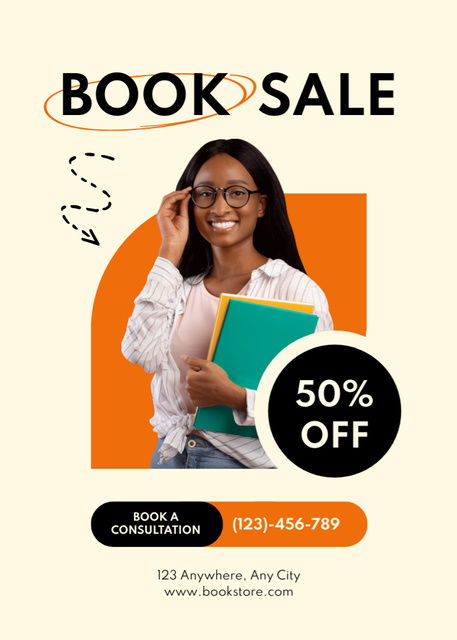 Book Sale Ad with Smiling Student with Books Flayer Design Template