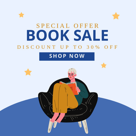 Объявление о продаже книг с женщиной, читающей в кресле Instagram – шаблон для дизайна