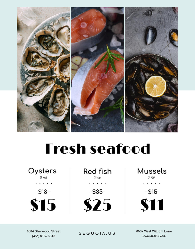 Seafood Offer with Fresh Salmon and Mollusks Poster 22x28in Design Template