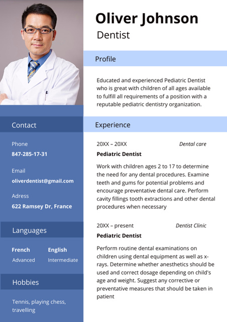 Dentist Skills and Experience Resumeデザインテンプレート