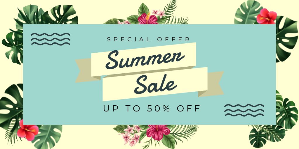 Summer Sale Ad with Tropical Pattern Twitter Design Template