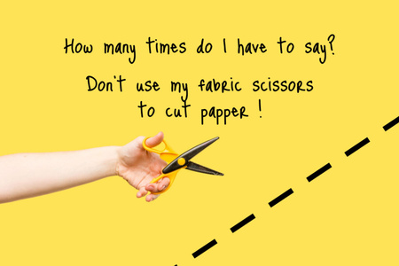 Ontwerpsjabloon van Postcard 4x6in van Funny Phrase with Tailor holding Scissors