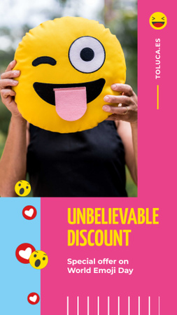 Designvorlage Welt-Emoji-Tag-Mädchen mit lustigem Gesicht für Instagram Video Story