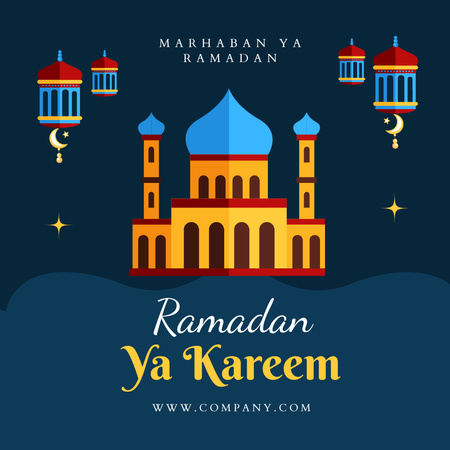 Happy Ramadan Greetings with Mosque and Lanterns Instagram Design Template