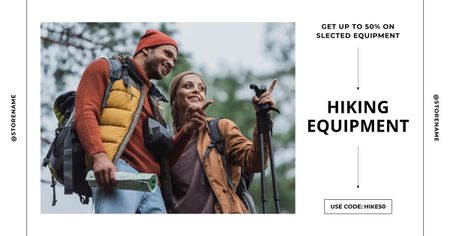 Hiking Gear Ad with Couple of Tourists Facebook AD Design Template