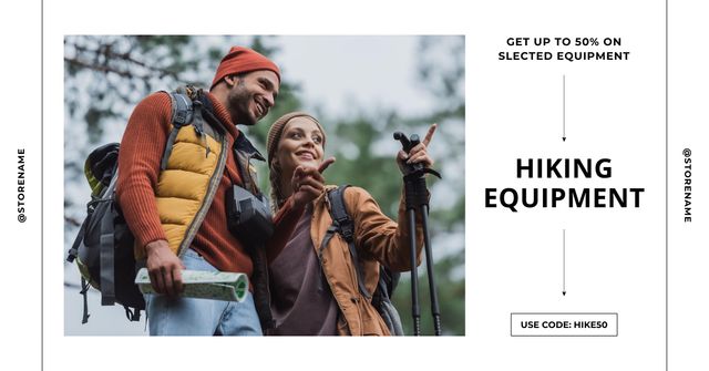 Hiking Gear Ad with Couple of Tourists Facebook AD Šablona návrhu