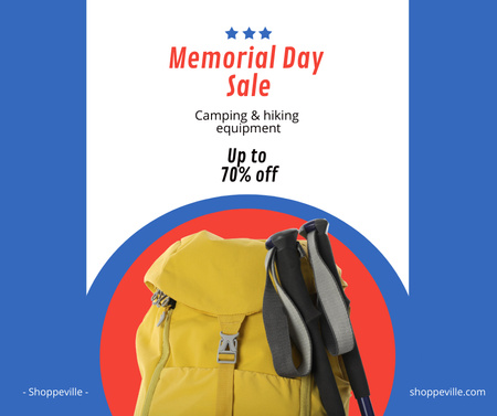 Memorial Day Sale Announcement with Yellow Backpack on Blue Facebook Design Template
