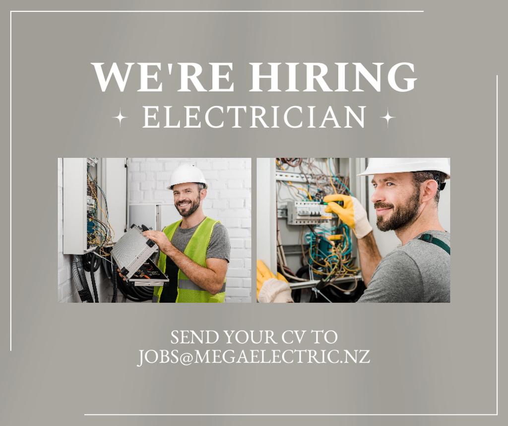 Template di design Electrician Vacancy with Man in Hard Hat Facebook