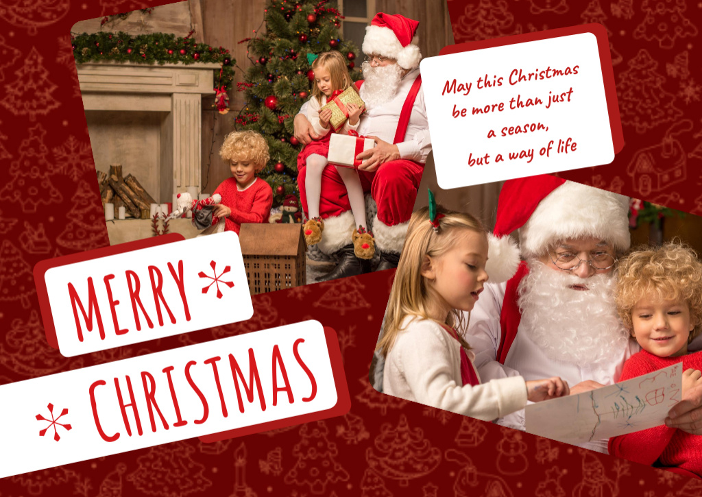 Merry Christmas Greeting with Kids and Santa Postcard Design Template