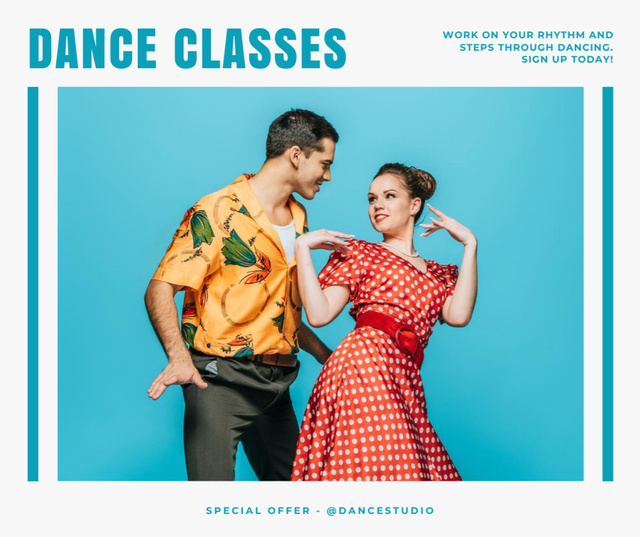 Dance Classes Promo with Dancing Man and Woman Facebook Modelo de Design