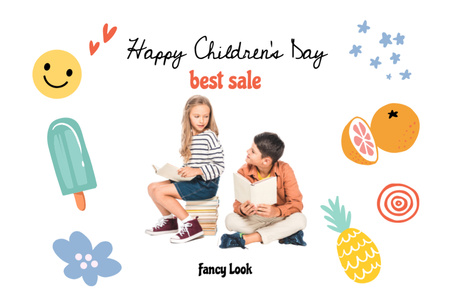 Ontwerpsjabloon van Postcard 4x6in van Kinderdag met vrolijke jongen en meisje die boeken lezen