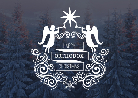 Happy Orthodox Christmas with Angels over Snowy Trees Postcard 5x7in Design Template
