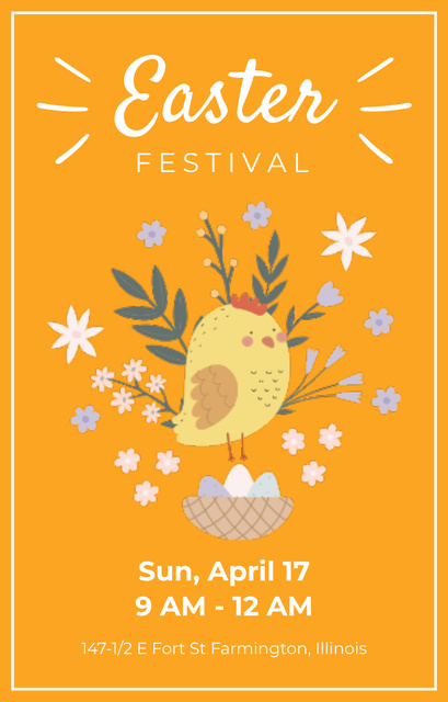 Plantilla de diseño de Easter Festival Announcement with Spring Bird and Basket of Easter Eggs Invitation 4.6x7.2in 