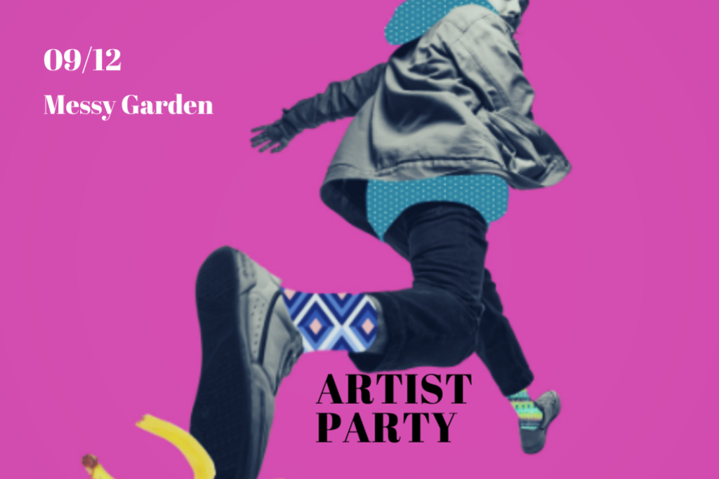 Colorful Party Announcement with Man Stepping on Banana Flyer 4x6in Horizontalデザインテンプレート
