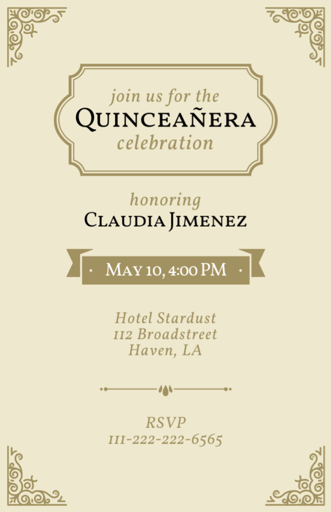 Plantilla de diseño de Splendid Quinceañera Celebration Announcement With Ornaments Invitation 5.5x8.5in 