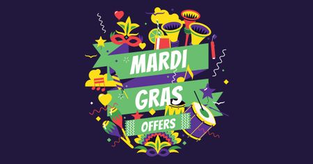Ontwerpsjabloon van Facebook AD van Mardi Gras Offer with Festive Attributes