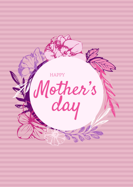 Happy Mother's Day Greeting With Pink Flowers Wreath Postcard 5x7in Vertical Design Template