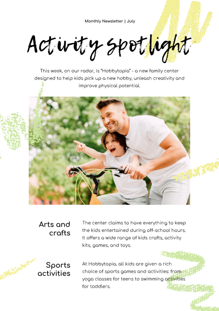 Activity Spotlight with Father and son on Bicycle Newsletter Design Template