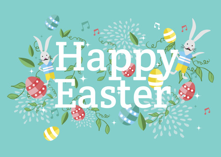 Happy Easter Greeting with Bunnies and Eggs Postcard Tasarım Şablonu