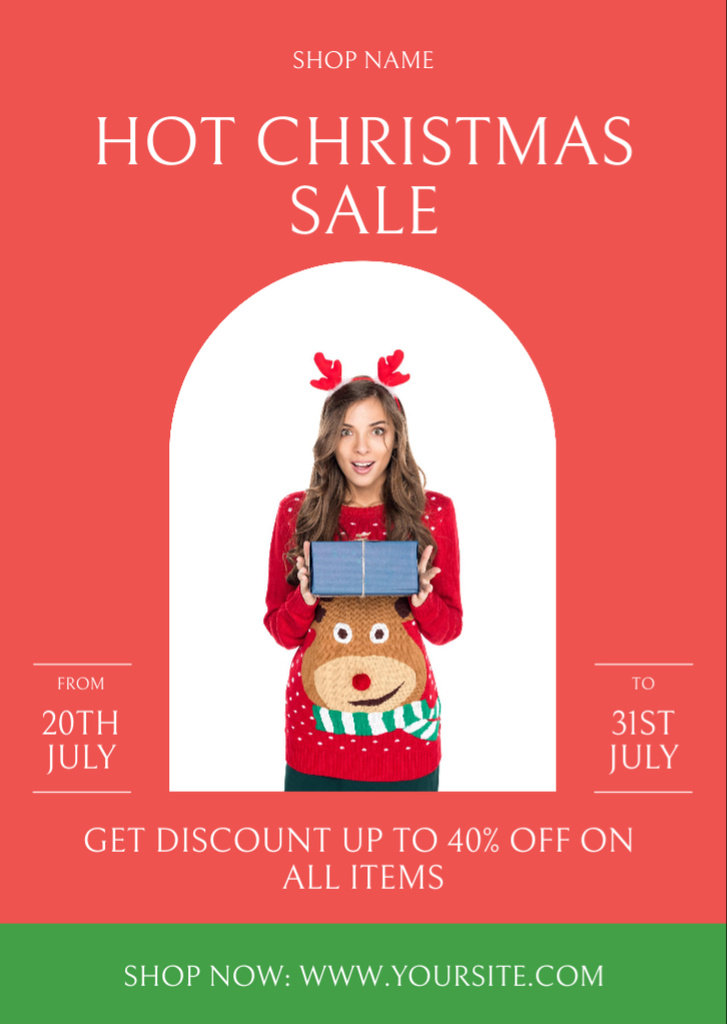 July Christmas Sale with Cute Young Woman Flyer A6デザインテンプレート