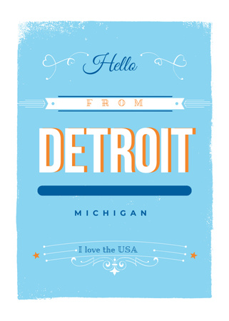 Ontwerpsjabloon van Postcard 5x7in Vertical van Hallo zeggen vanuit Detroit met blauw ornament