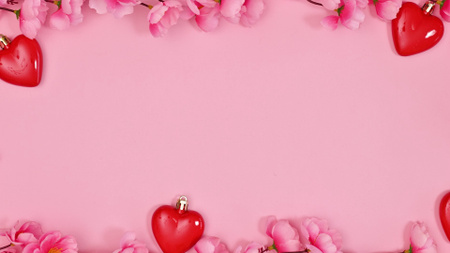 Feriado do Dia dos Namorados com corações fofos e flores rosa Zoom Background Modelo de Design