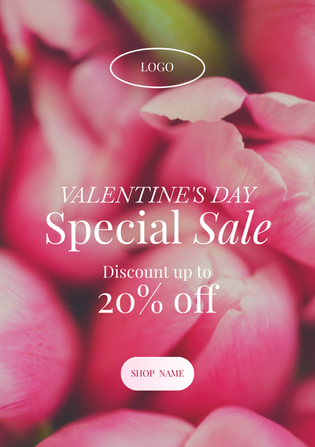 Valentine's Day Sale Offer In Flower`s Shop Postcard A5 Vertical – шаблон для дизайна