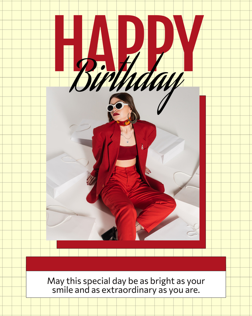 Happy Birthday to Fashion Woman in Red Instagram Post Vertical Modelo de Design