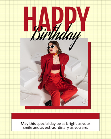 Happy Birthday to Fashion Woman in Red Instagram Post Vertical Design Template